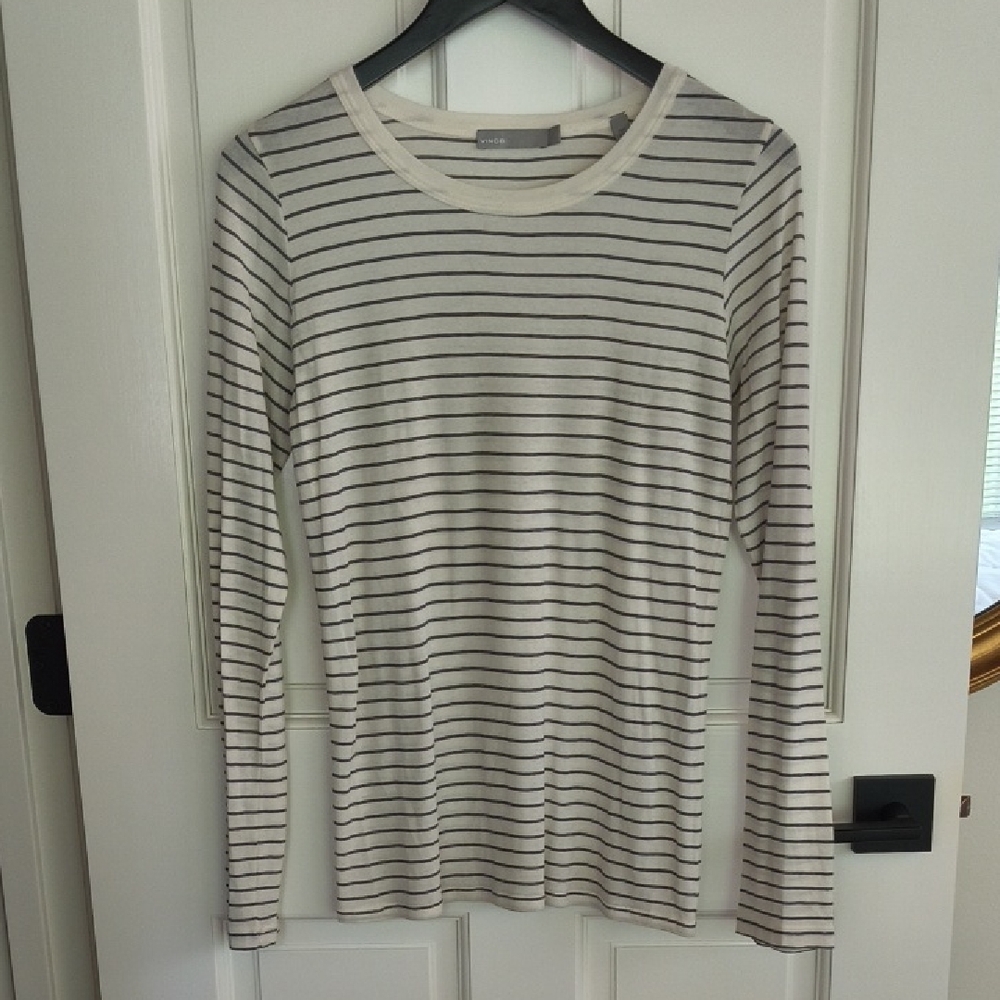 Vince Cream and Black Striped Long Sleeve Tee, Size Large